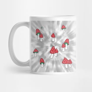 Aesthetic Red Hatted Mushrooms and Butterflies on a Black and White Tie Dye Background Mug